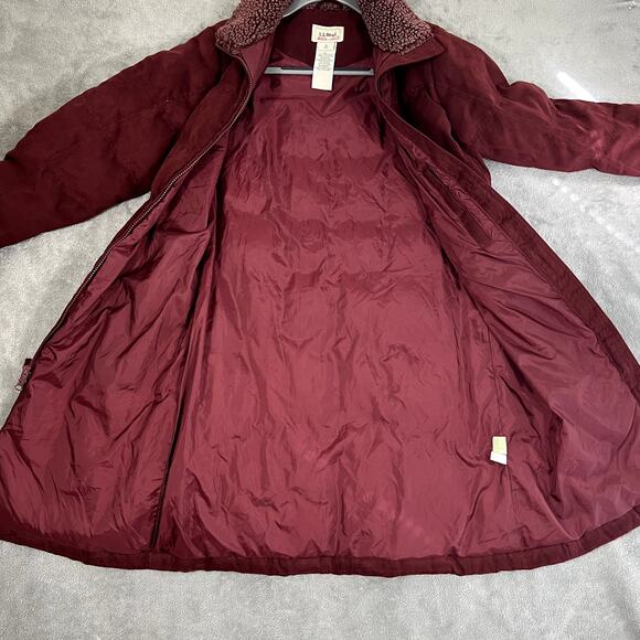 LL Bean Long Parka Goose Down Jacket Suede Quilted Women's S Burgundy Sherpa - Picture 3 of 11